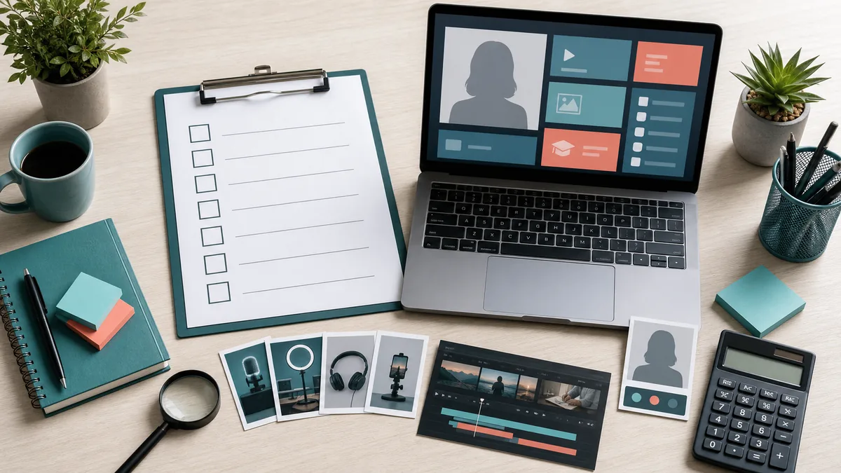 Checkliste, Laptop und Produktionsmaterial für die Prüfung eines KI-Influencer-Kurses