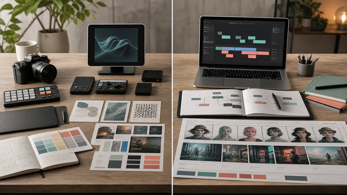 Geteilte Arbeitsplatzszene mit einzelnen KI-Tools auf der einen und einem geordneten Creator-Workflow auf der anderen Seite