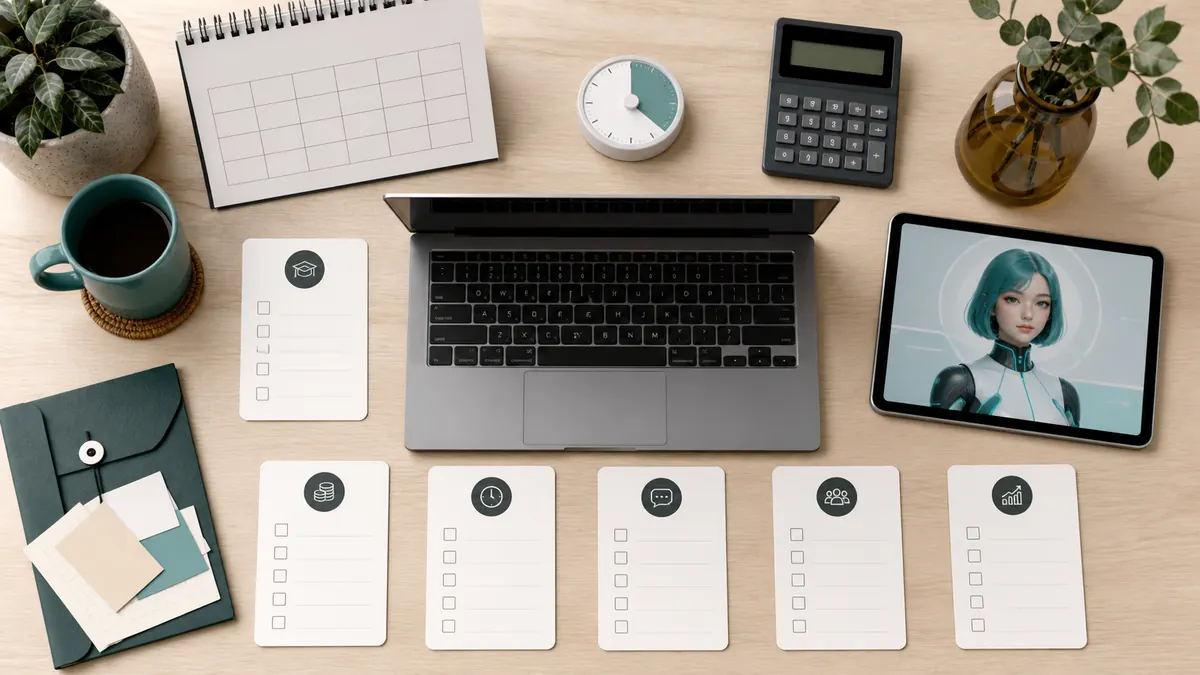 Laptop, Kalender, Taschenrechner und sieben leere Prüfkarten für einen KI-Influencer-Kurs