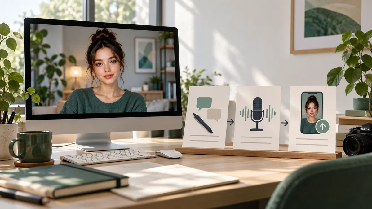 Fiktiver KI Avatar auf einem Monitor mit den Schritten Skript, Stimme und vertikaler Export