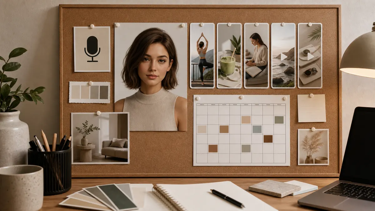 Planungsboard mit KI Avatar, Reels Vorschaubildern, Mikrofon Symbol und Content Kalender
