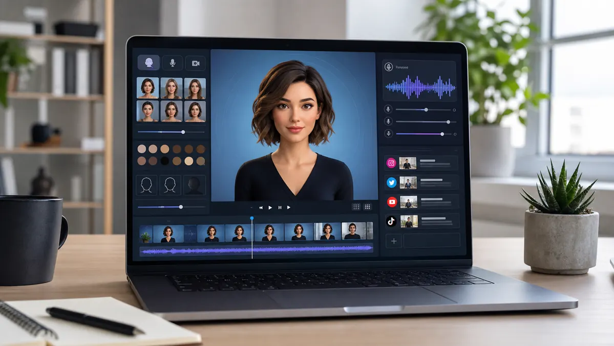 Arbeitsplatz mit Laptop und einem KI Avatar Workflow für Gesicht, Stimme und Social Media Content