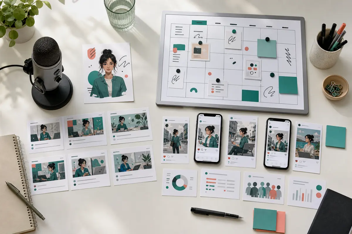 Arbeitsplatz mit einzelnem Avatarporträt sowie Content-Kalender und fortlaufender Social-Media-Serie