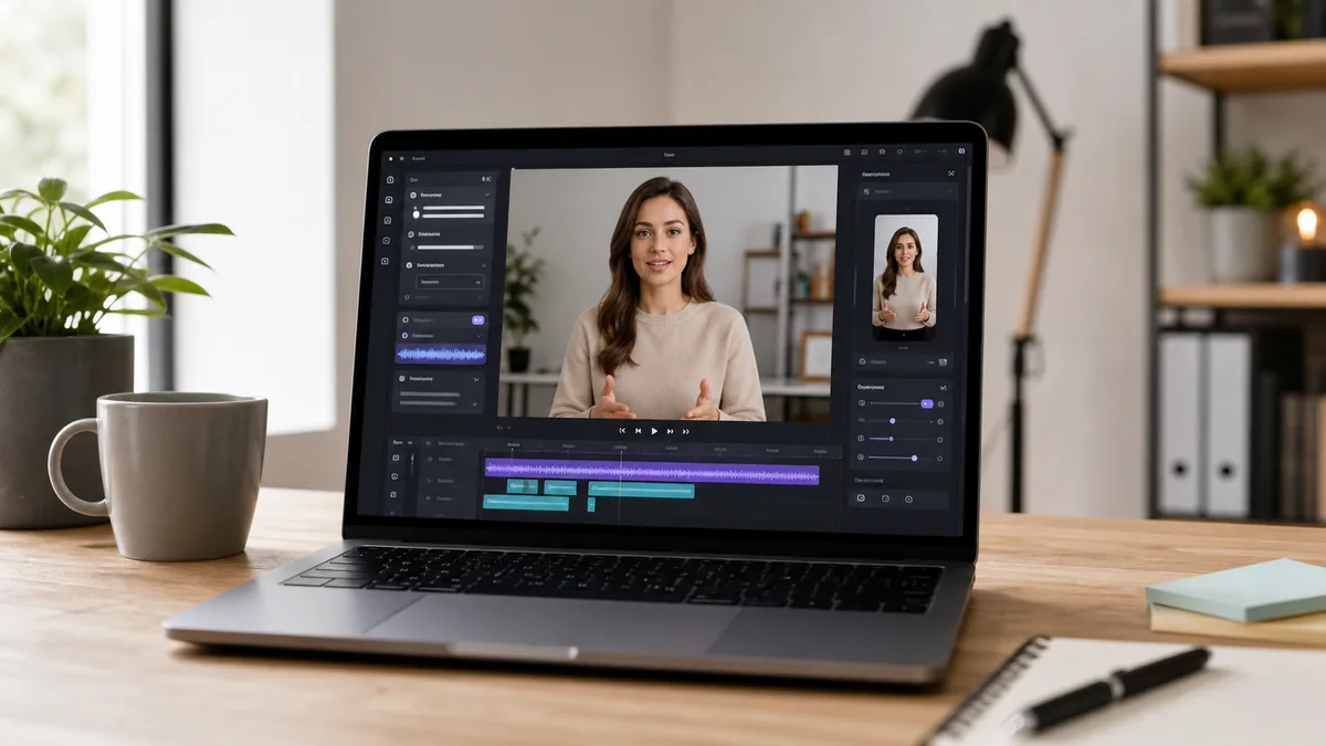 Laptop mit einem sprechenden KI Avatar, Videotimeline, Sprachspur und vertikalem Social-Media-Export