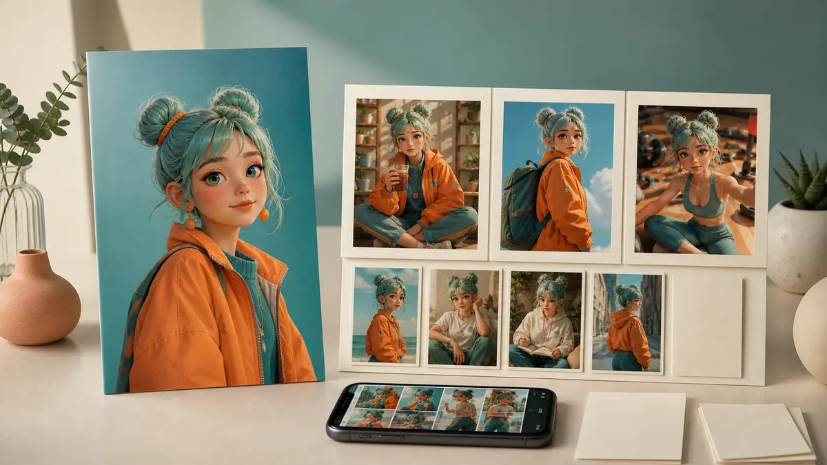 Ein einzelnes Portrait einer virtuellen Figur neben einer Serie konsistenter Content-Motive