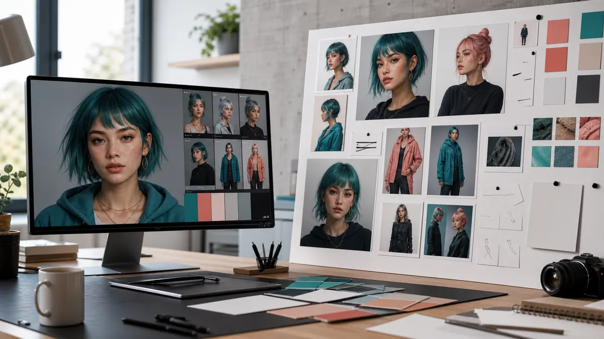 Moodboard mit einer originalen virtuellen Creatorin, Portraitvarianten und Farbkarten