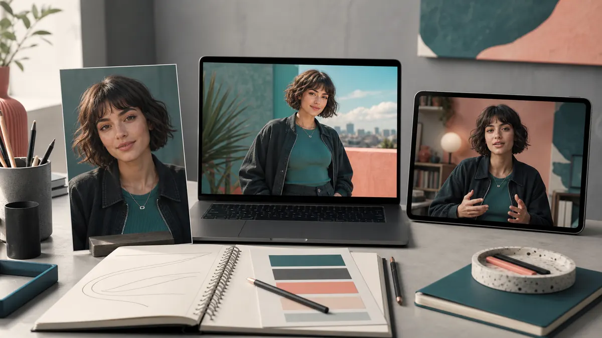 Dieselbe fiktive virtuelle Figur als Portrait, Social-Media-Bild und sprechender Videoclip