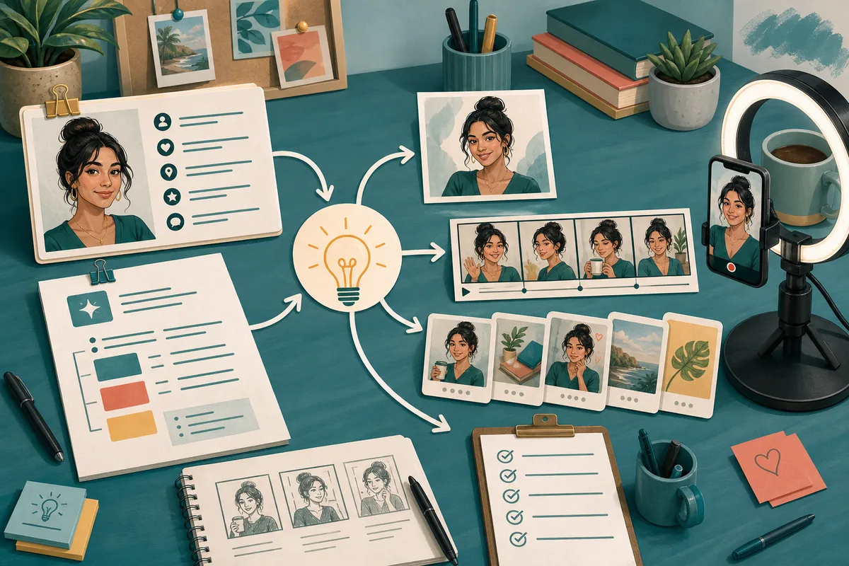 Batch-Workflow von Persona-Briefing und Idee zu Bildern, Video und Checkliste