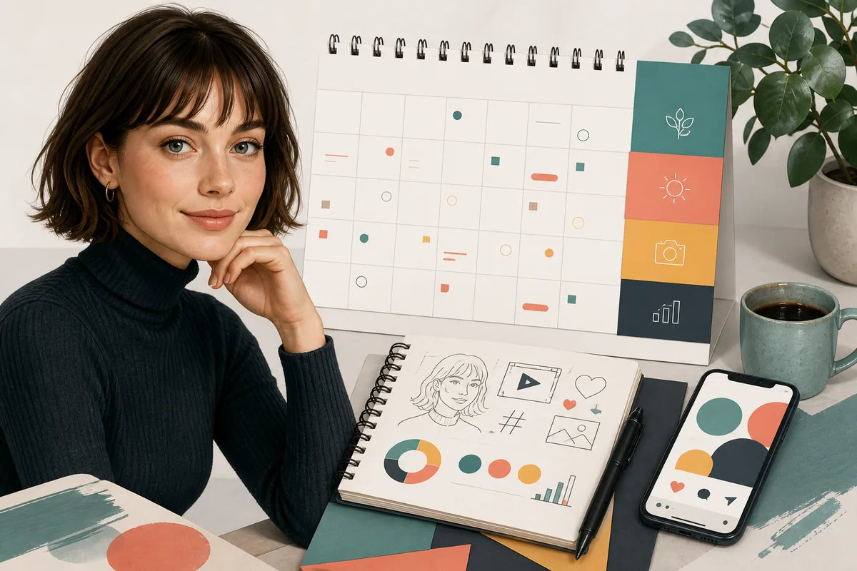 Virtuelle Creatorin neben einem markierten Redaktionskalender mit Content-Ideen
