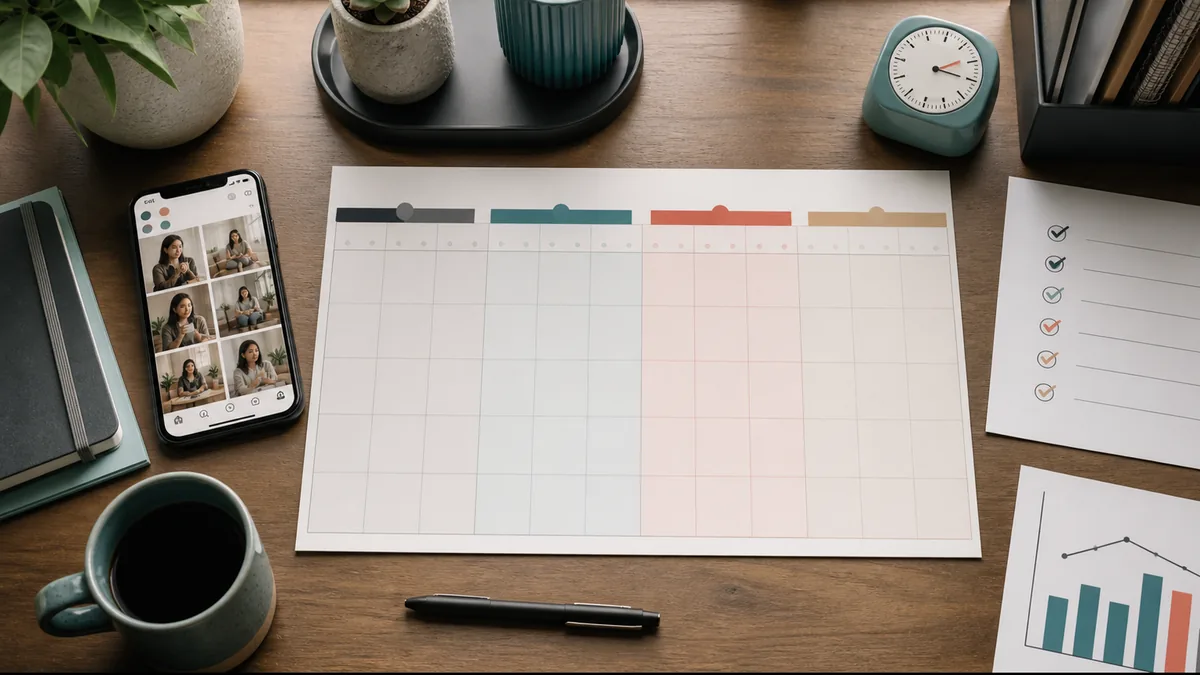 Top-down-Arbeitsplatz mit vier Phasen eines 30-Tage-Plans, Smartphone und Auswertungsdiagramm