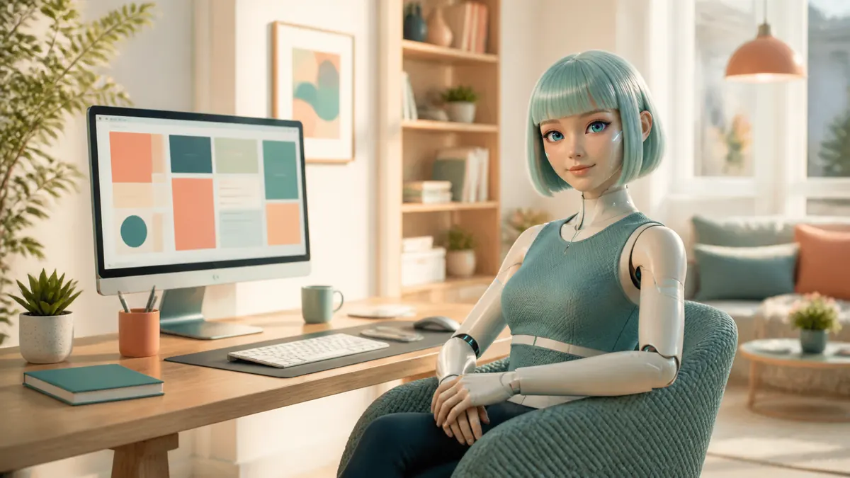 Originale virtuelle Creatorin an einem Arbeitsplatz mit digitalem Content-Plan
