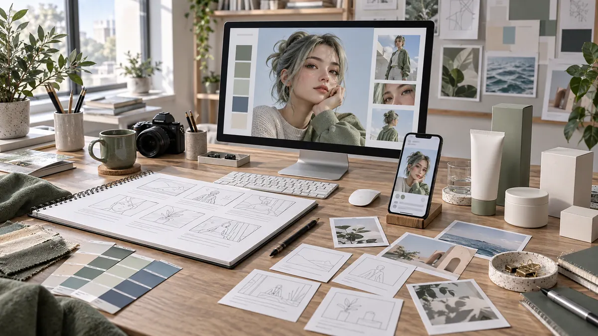 Storyboard, Smartphone-Vorschau und produktneutrale Mockups für eine virtuelle Influencer-Kampagne