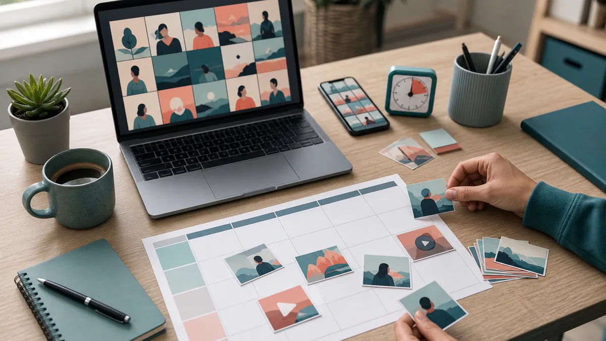 Arbeitsplatz mit Avatar-Bildserie, Wochenplan, Timer und Content-Karten
