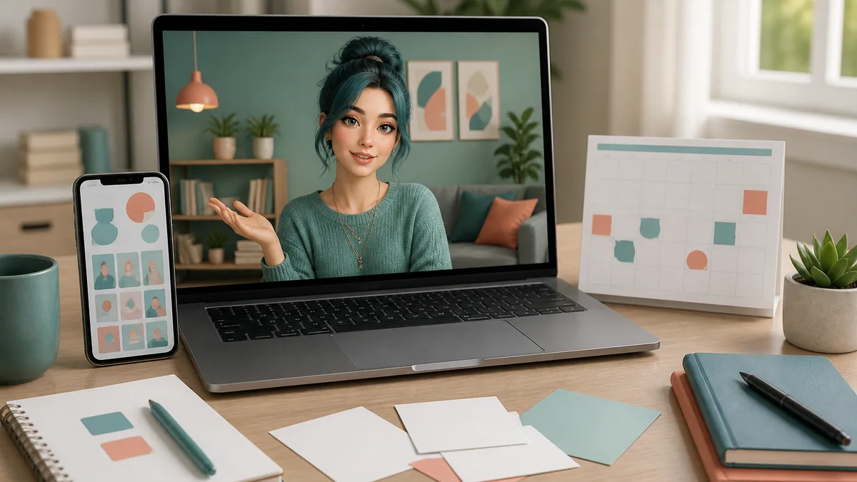 Fiktive virtuelle Creatorin an einem Arbeitsplatz mit Content-Plan und Smartphone