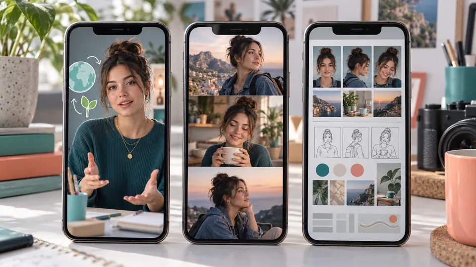 Drei Smartphones zeigen einen Tipp, eine kurze Geschichte und einen Blick hinter die Planung eines KI Influencers