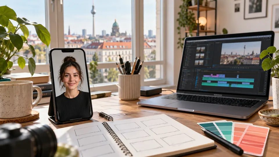 Fiktive KI-Influencerin auf einem Smartphone in einem Creator-Studio mit Storyboard auf dem Tisch