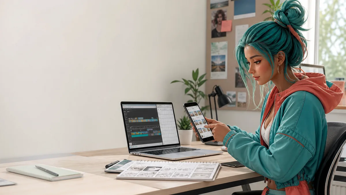 Fiktive virtuelle Creatorin plant TikTok-Videos mit Smartphone, Laptop und Content-Kalender