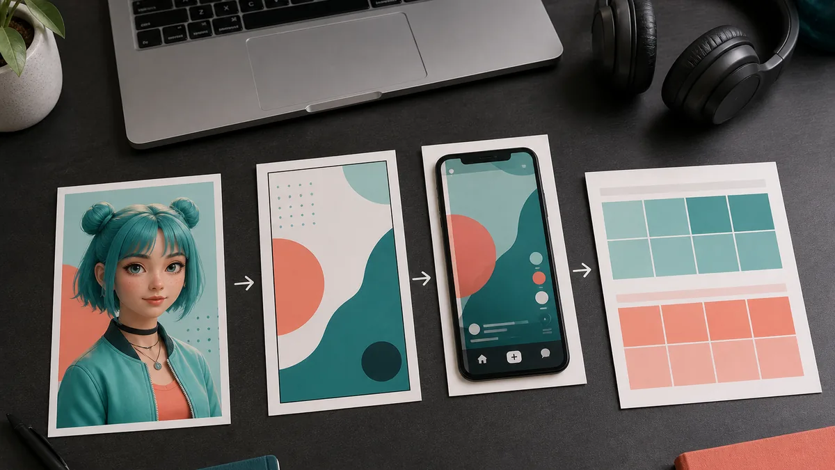 Produktionsboard mit virtueller Figur, vertikalem Videoframe, Smartphone-Vorschau und zweiwöchigem Content-Plan