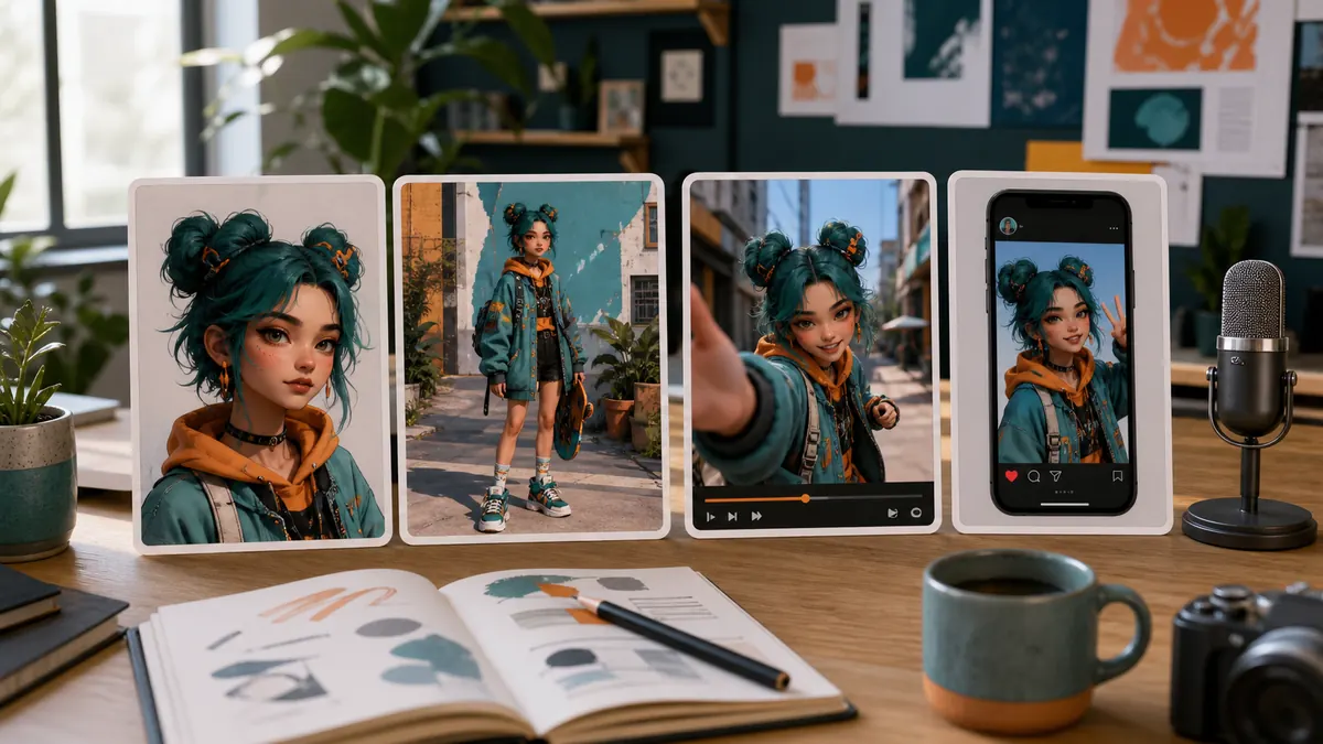 Originale virtuelle Figur als Portrait, Ganzkörperszene, Videoframe und Smartphone-Vorschau