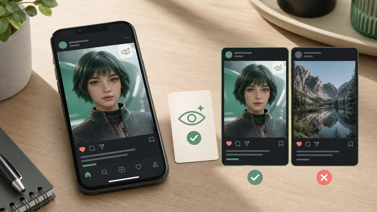 Smartphone mit virtueller Figur, Social-Media-Motiven und sichtbarer Transparenz-Prüfung