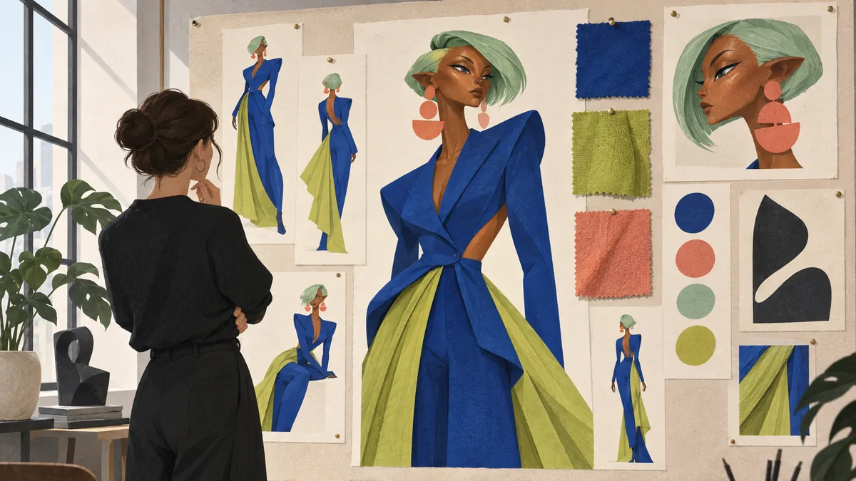 Kreativteam prüft die visuelle Richtung einer digitalen Modefigur in einem Designstudio