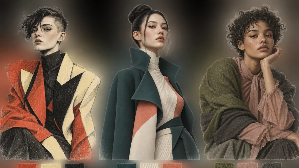 Moodboard mit drei unterschiedlich gestalteten virtuellen Modefiguren und passenden Farbwelten