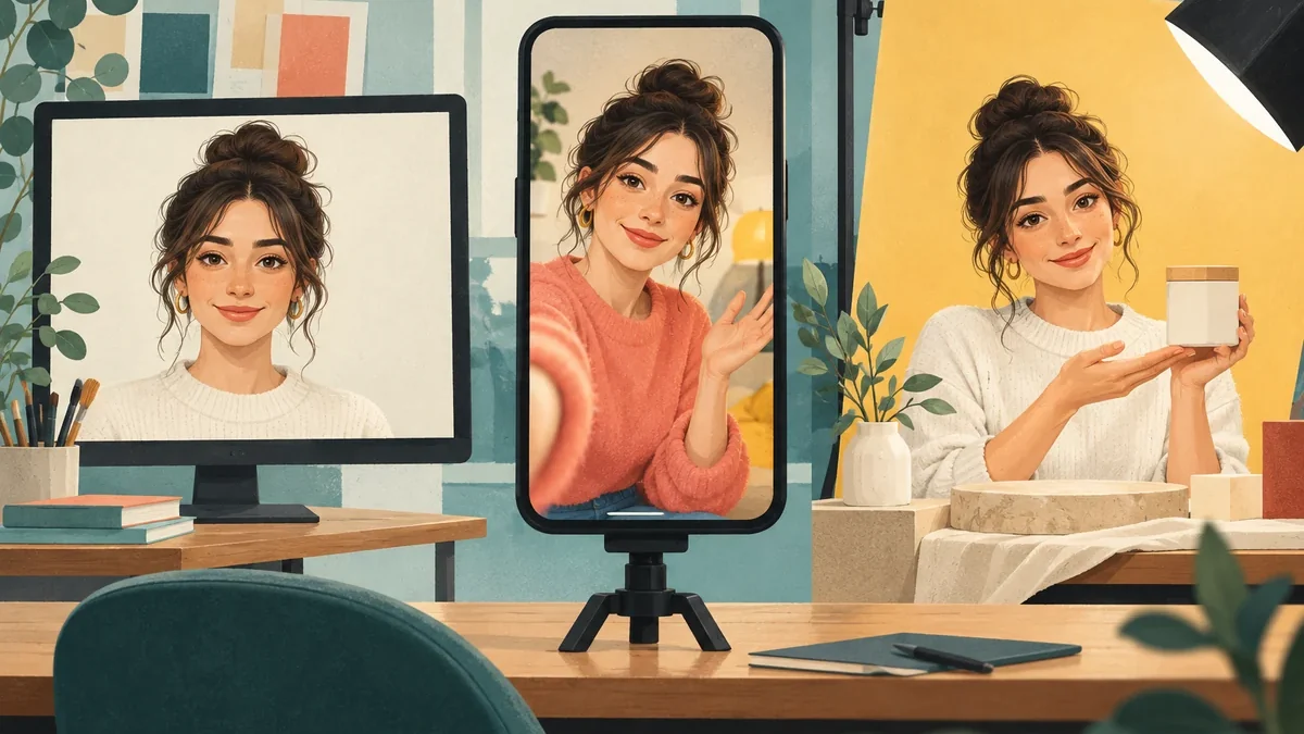 Fiktiver KI Influencer zwischen drei Arbeitsstationen für Bild, Kurzvideo und Produktcontent