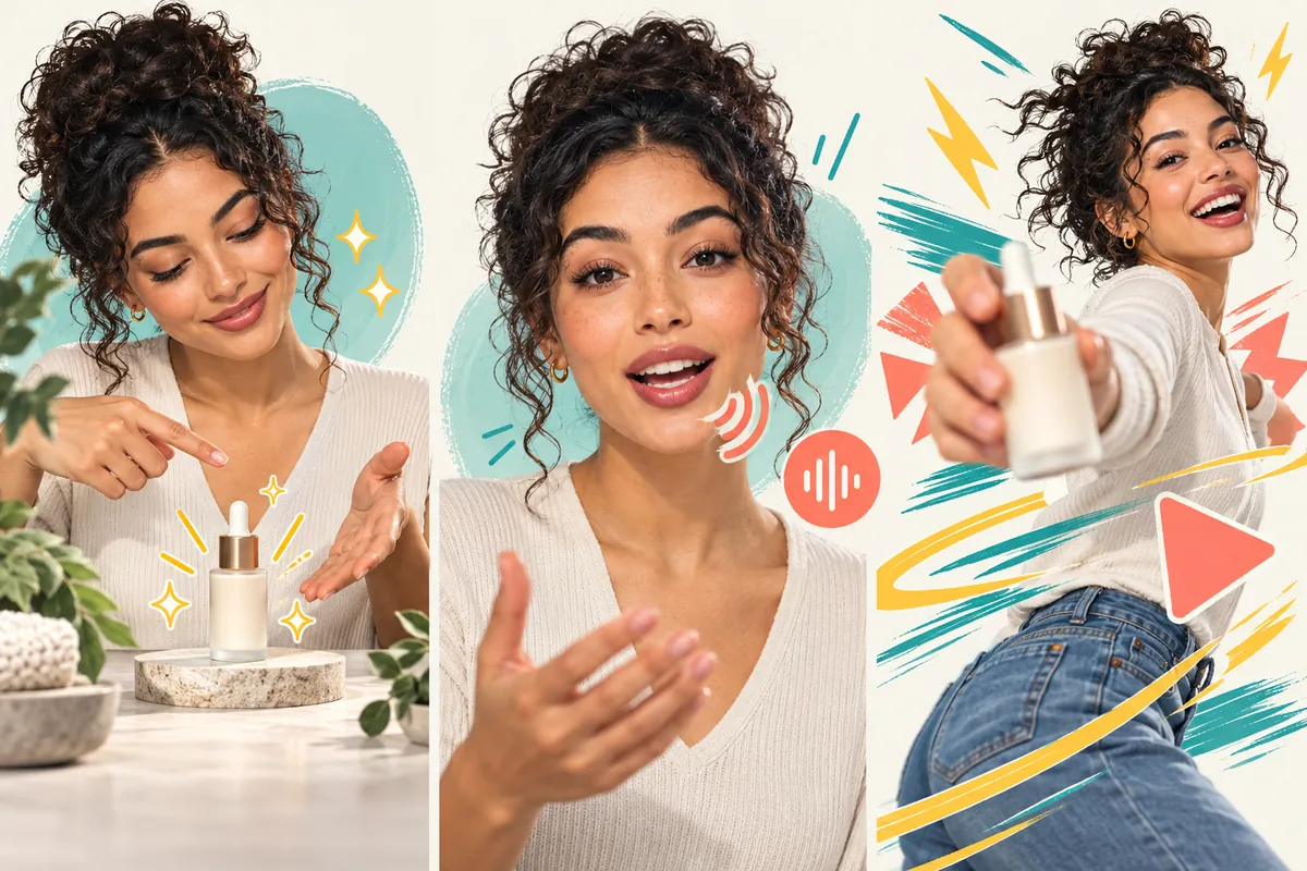 Drei redaktionelle Szenen mit derselben fiktiven Creatorfigur für Produktshowcase, Sprechportrait und Social Clip