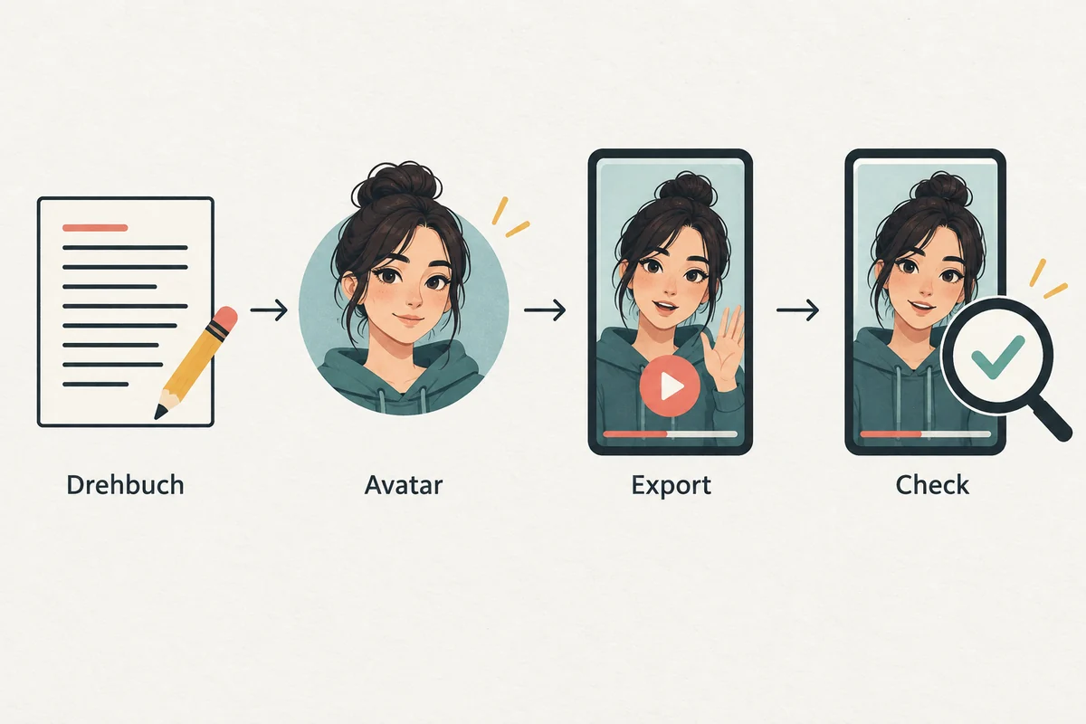 Editorialer Ablauf vom gleichen Skript über Avatar-Referenz und Hochformat-Export bis zur Qualitätsprüfung